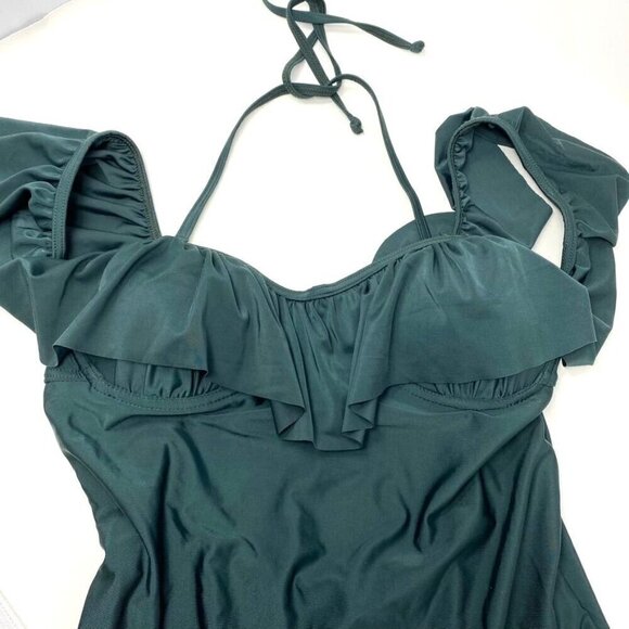 French Connection One Piece Green Ruffle Off Shoulder Swimsuit Size Med NWT B5 - Picture 3 of 10